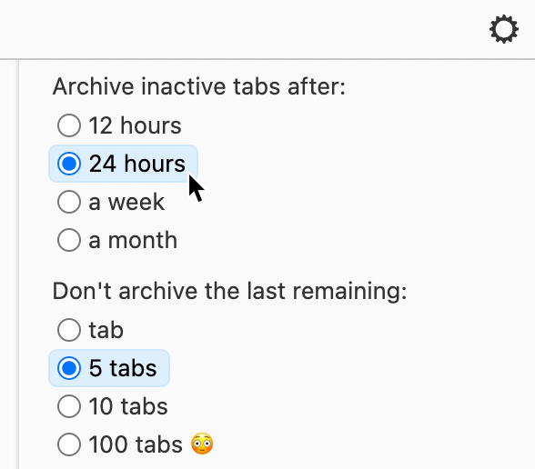 Settings → Archive inactive tabs after: ...